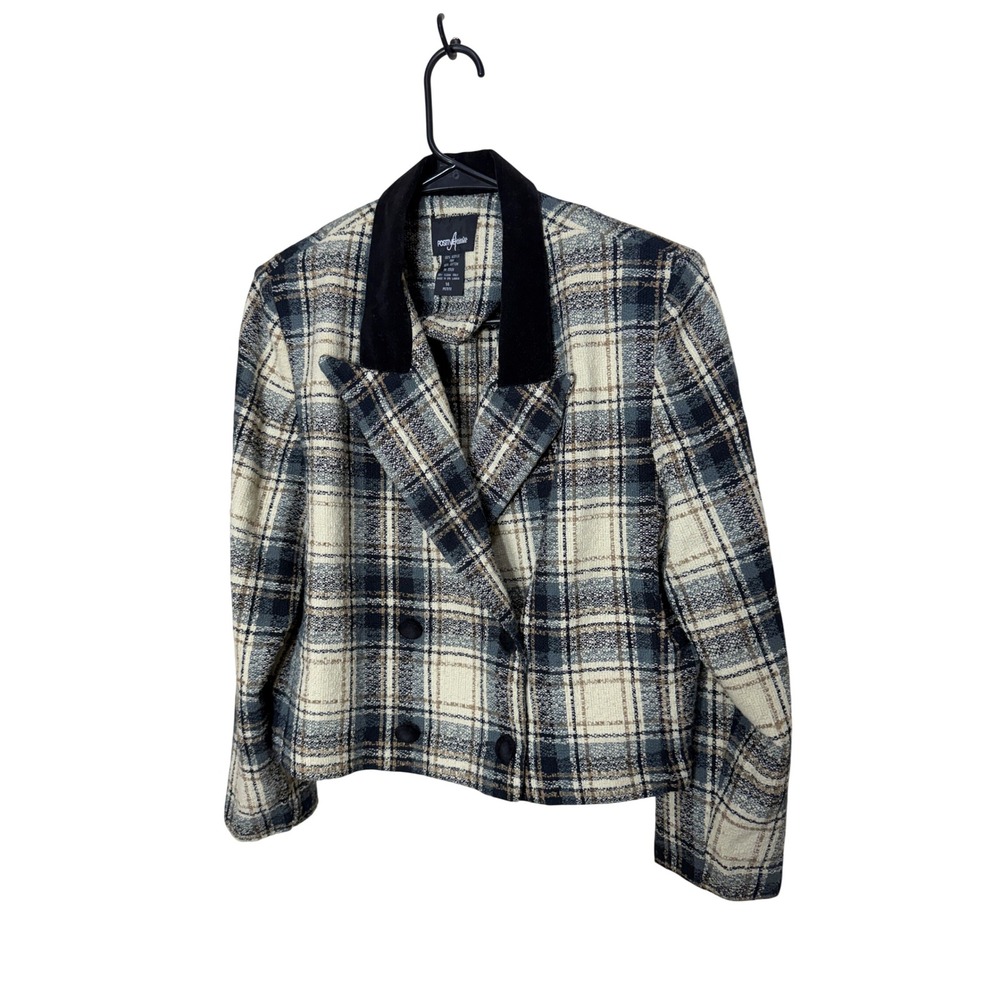Positive Attitude Womens Plaid Blazer Jacket Black Velvet Collar Size 14 Petite